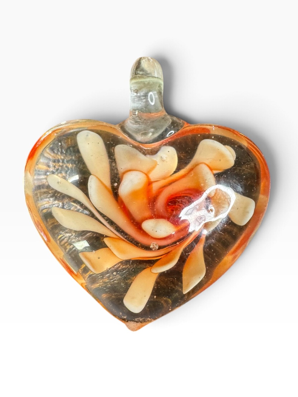 Hand-Blown Heart Glass Pendant in Orange and White